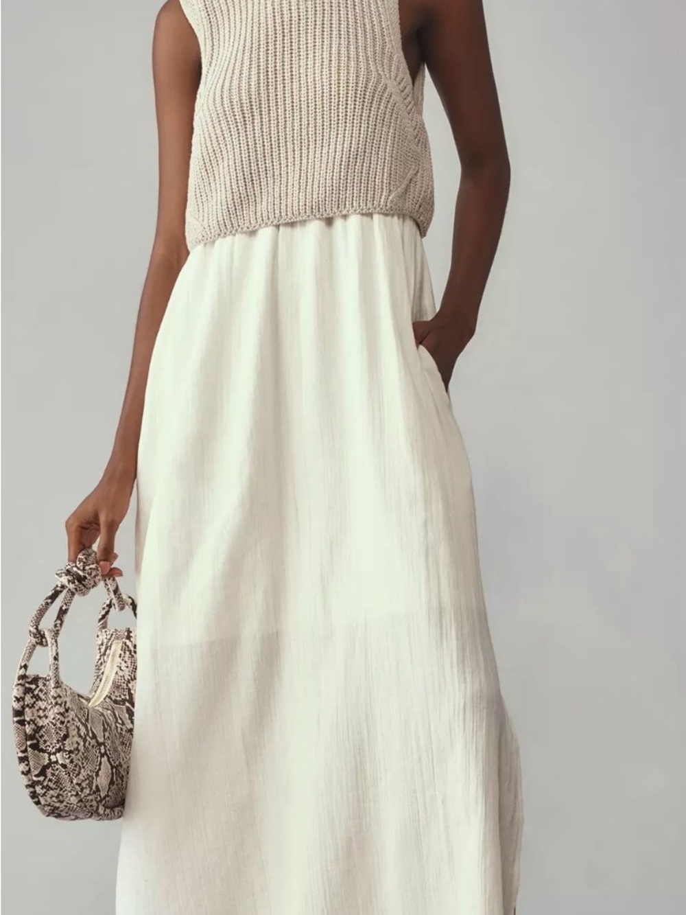 Anthropologie Cream Midi Dress with Beige Knit Bodice